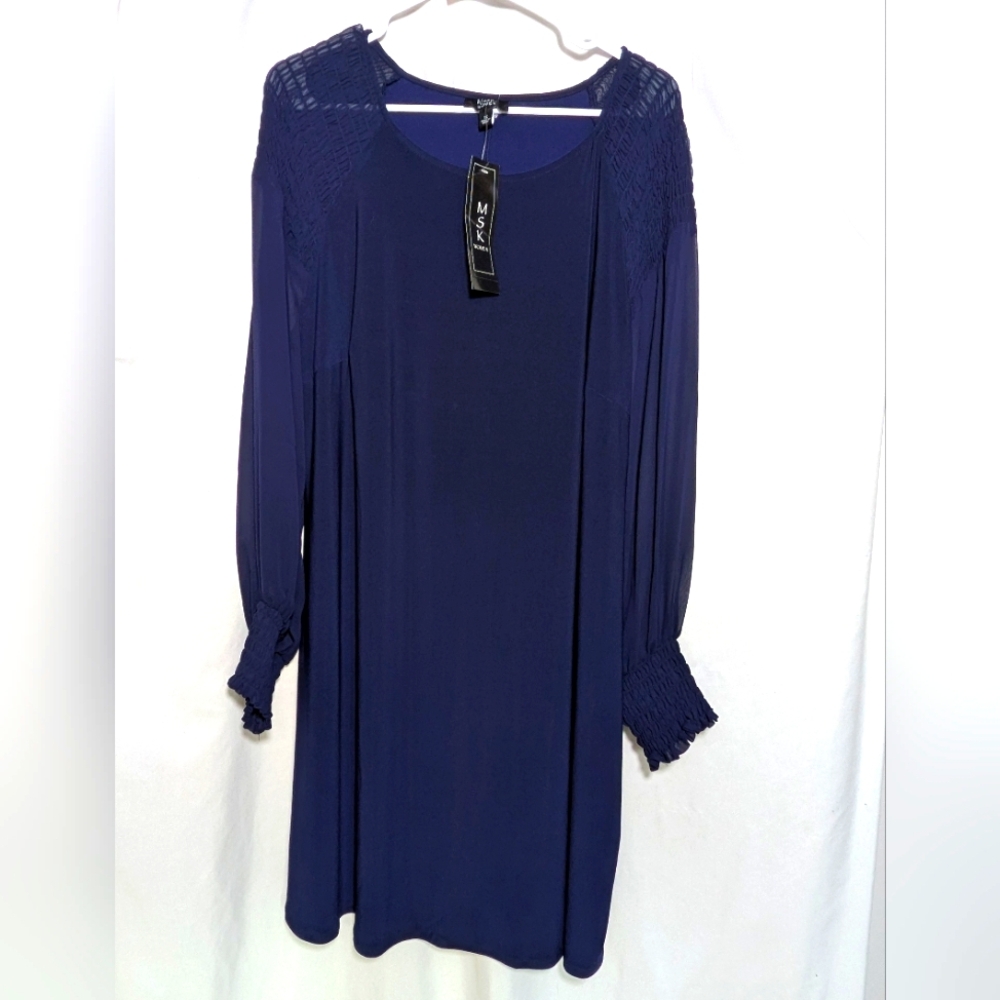 NWT MSK~Women’s Navy Blue MIDI‎ Dress, Sheer Sleeves, Spandex, Size 1X